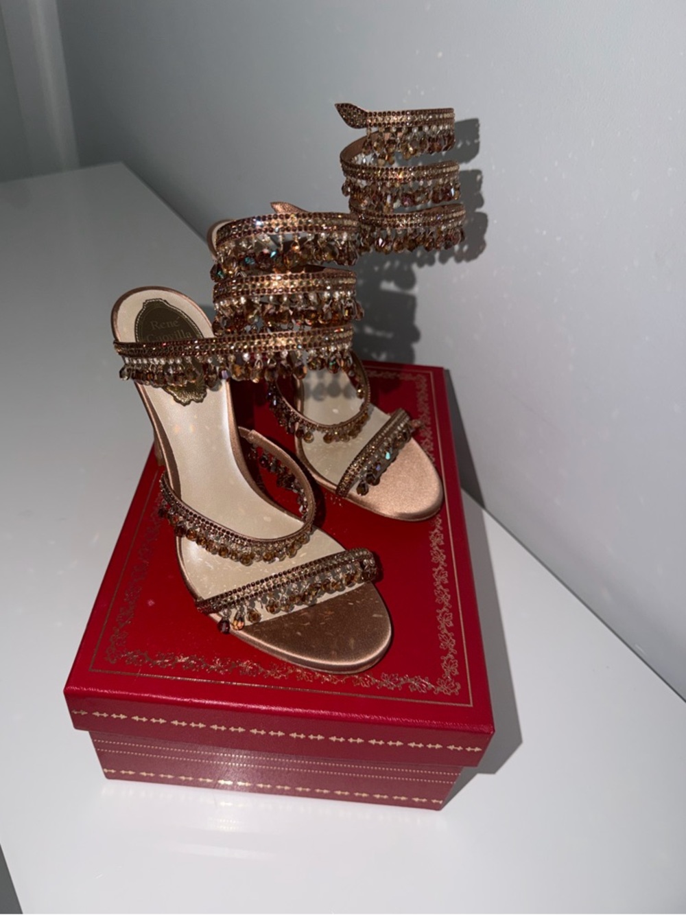 Rene Caovilla Brown Crystal Beaded Ankle-Strap Stilettos - Picture 2 of 3